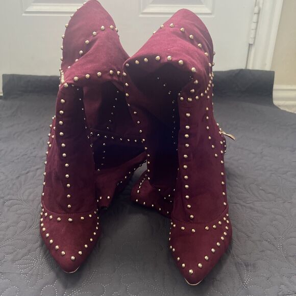 MACKIN J 181-1 Maroon Faux Suede Thigh High Pointy Toe Studded Stiletto Boot SZ8 - Picture 5 of 12